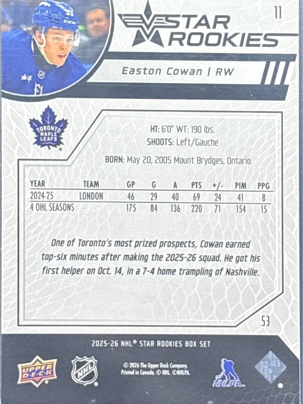 Upper Deck Easton Cowan Rookie Hockey Card
